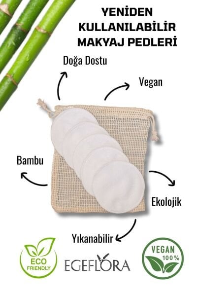 5 Adet Vegan Bambu Makyaj Temizleme Pedi – Geniş Disk Ped | 8 cm | Doğal, Yıkanabilir, Ekolojik